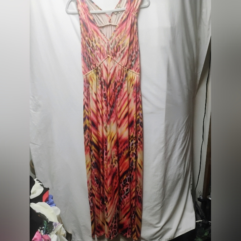 ONE WORLD V-Neck Maxi Dress in Pink, Yellow and Orange Print